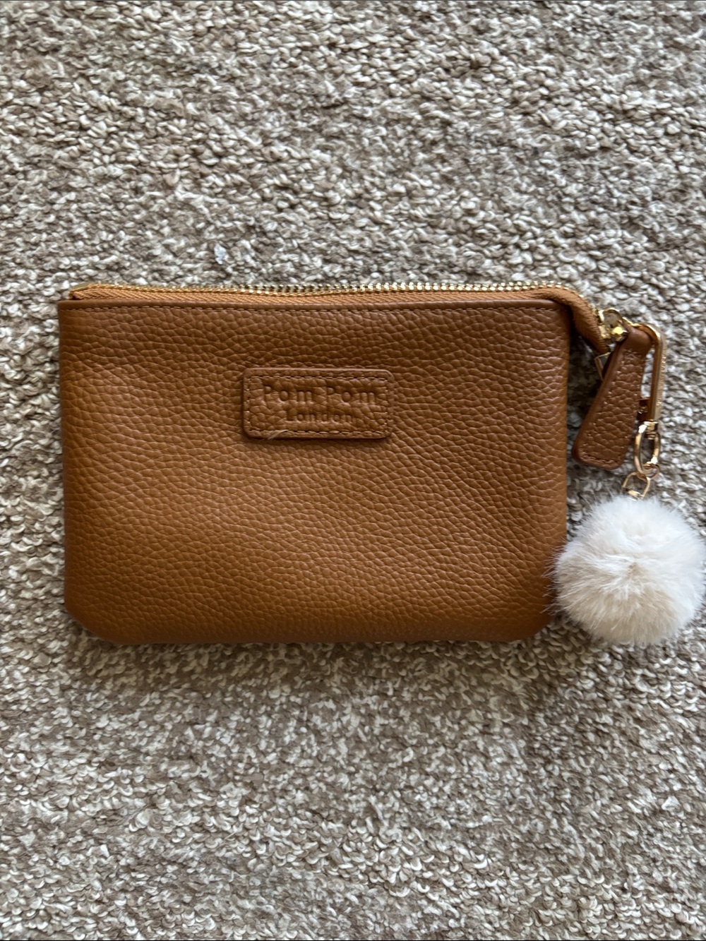 Pom Pom London Tan Pebble Leather Zip Pouch with Cream Pom Charm